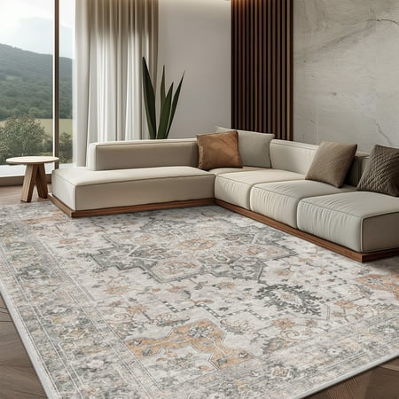 KUETH Modern Area Rug 8x10  Machine Washable Rugs for Living Room  Non Slip Carpet Printed  Low Pile  Light Taupe Brown
