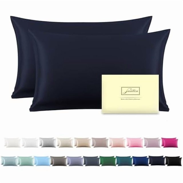 Chenchen Silk Pillow Cases 2 Pack,Soft Breathable and Sliky Queen Size Pillow Cases Set of 2,Natural Mulberry Silk Pillowcase Set of 2 for Hair and Skin with Hidden Zipper (Navy Blue,20"X 30",2pcs)
