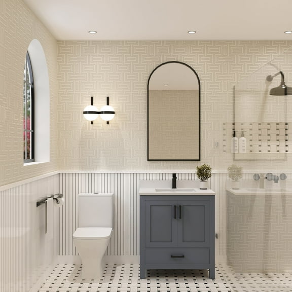 Ayna Decors Rooh 30 in Charcoal Grey Bathroom Vanity Set with White Quartz Countertop and Brass Faucet | Pop-Up Drain and P-Trap Included | Black Hardware