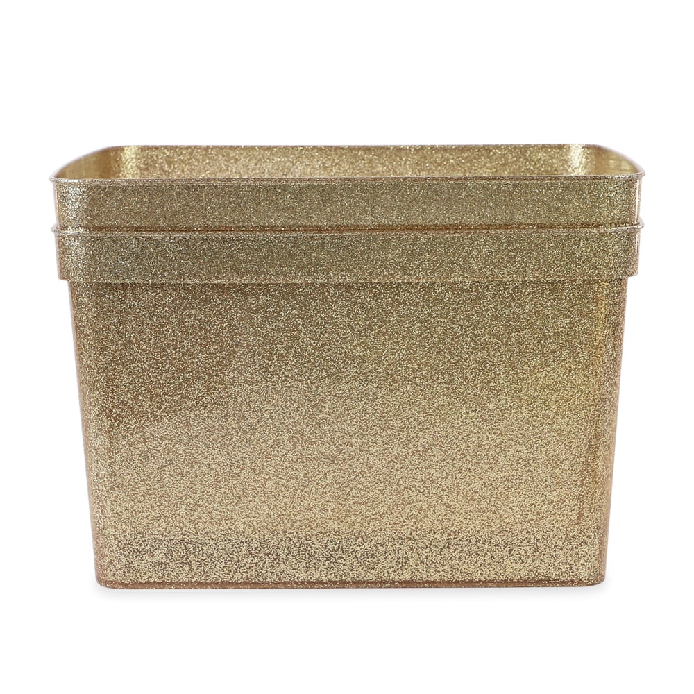 Isaac Jacobs 2-Pack Large Gold Glitter Storage Bin Set with Cut-Out Handles, Plastic Organizers