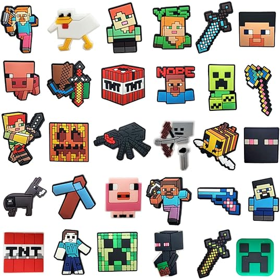 30pcs Pixel Shoes Charms Decoration, Pixel Themed Shoe Charms for Clog and Croc Sandals, Party Favors Gifts for Boys Kids Girls Fans