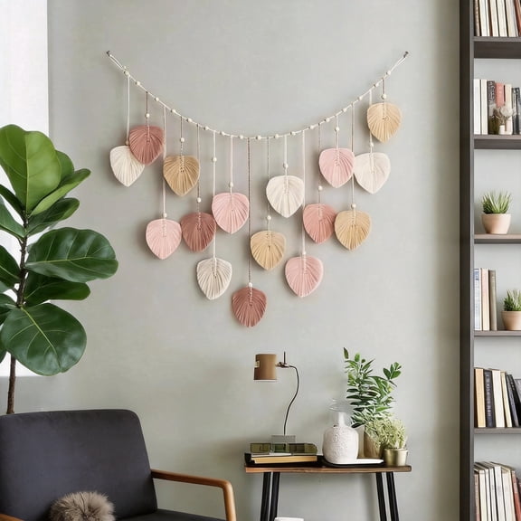 Large Macrame Leaves Wall Hanging Boho Chic Feather Woven Wall Art 47.3x29.5 Inch Handmade Cotton Tassel Photo Display 16 Pieces Pink