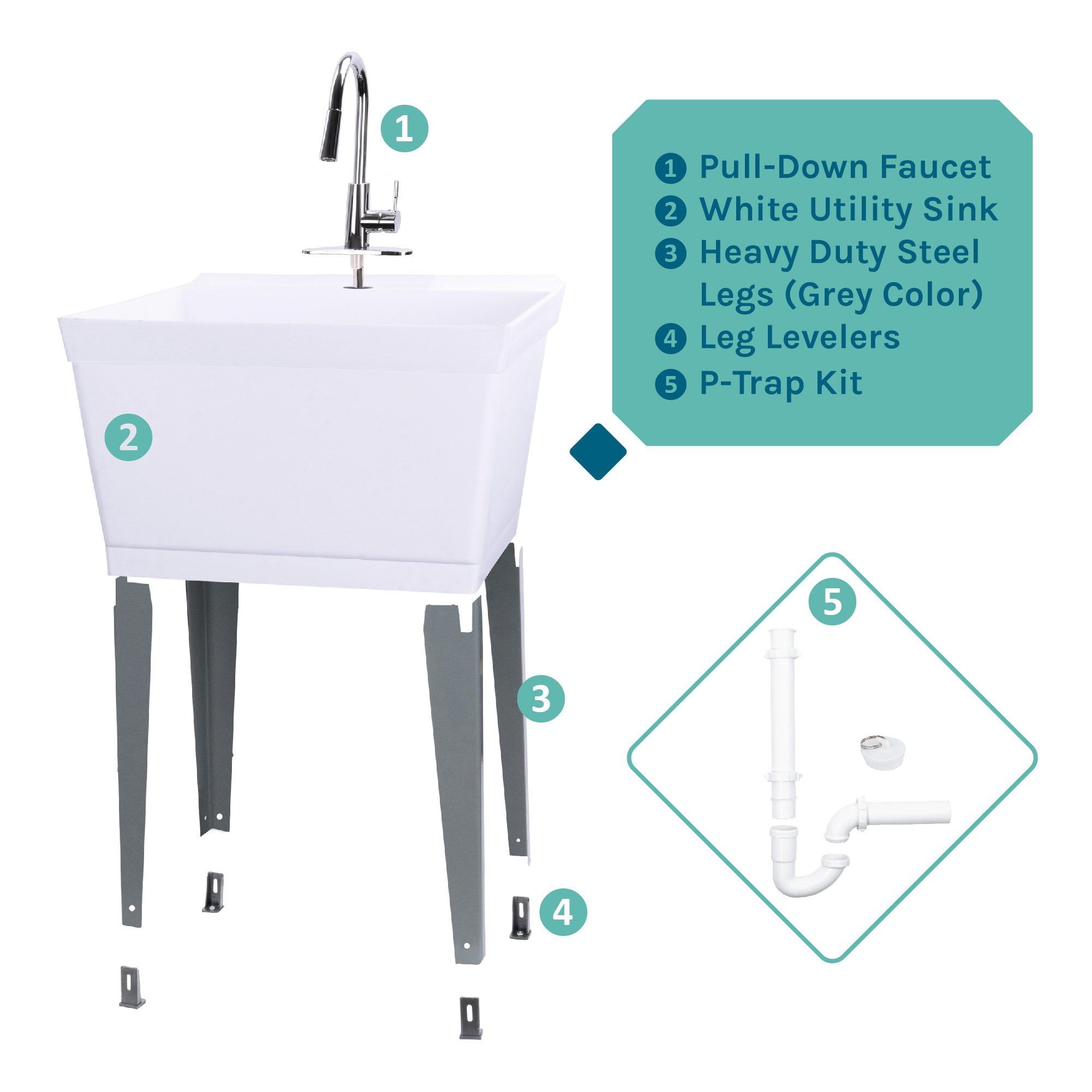 19 Gallon Laundry Sink with High Arc Chrome Pull-Down Kitchen Faucet 6503CP