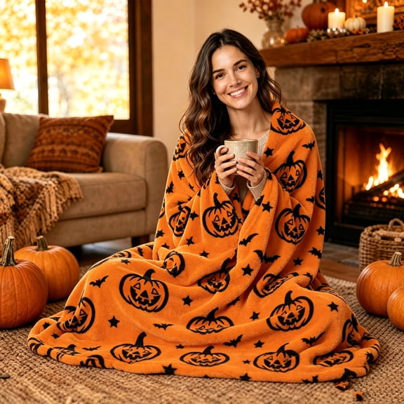 Halloween Orange Throw Blanket 28x40 Inch with Black Pumpkin Bat Pattern,Ultra Soft Non-Shedding Lightweight Flannel for Sofa, Living Room Holiday Party Decor