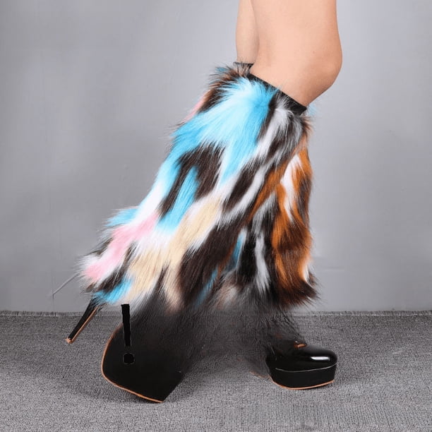 Calcetines de felpa de piel de conejo de imitación de otoño e invierno, botas largas, cálidas, para actuaciones en el escenario, de piel de zorro, protector de piernas de tubo alto para mujer
