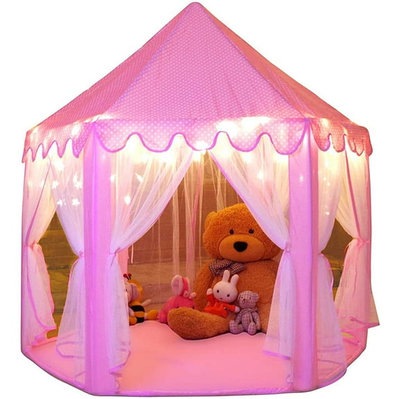 Monobeach Kids Play House Princess Tent Indoor And Outdoor Hexagon Pink Castle Play Tent For Girls With Light