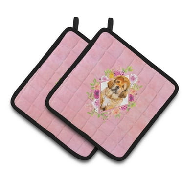 Carolines Treasures CK4189PTHD Tibetian Mastiff Puppy Pink Flowers Pair of Pot Holders 7.5HX7.5W multicolor
