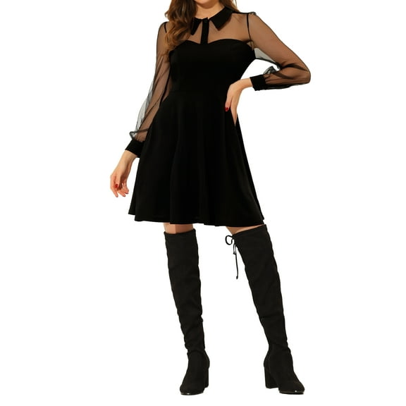 INSPIRE CHIC Women's Retro Flat Collar Mesh Sheer Sleeve Flared Party Dress