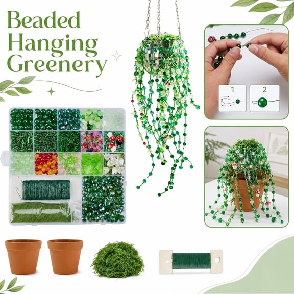 Beaded Plant Kit Diy Miniature Kit for Hanging Garden Decor Fairy Garden Decor Handmade Green Beaded Craft Set with 2 Small Planter Pots for Home Table Display