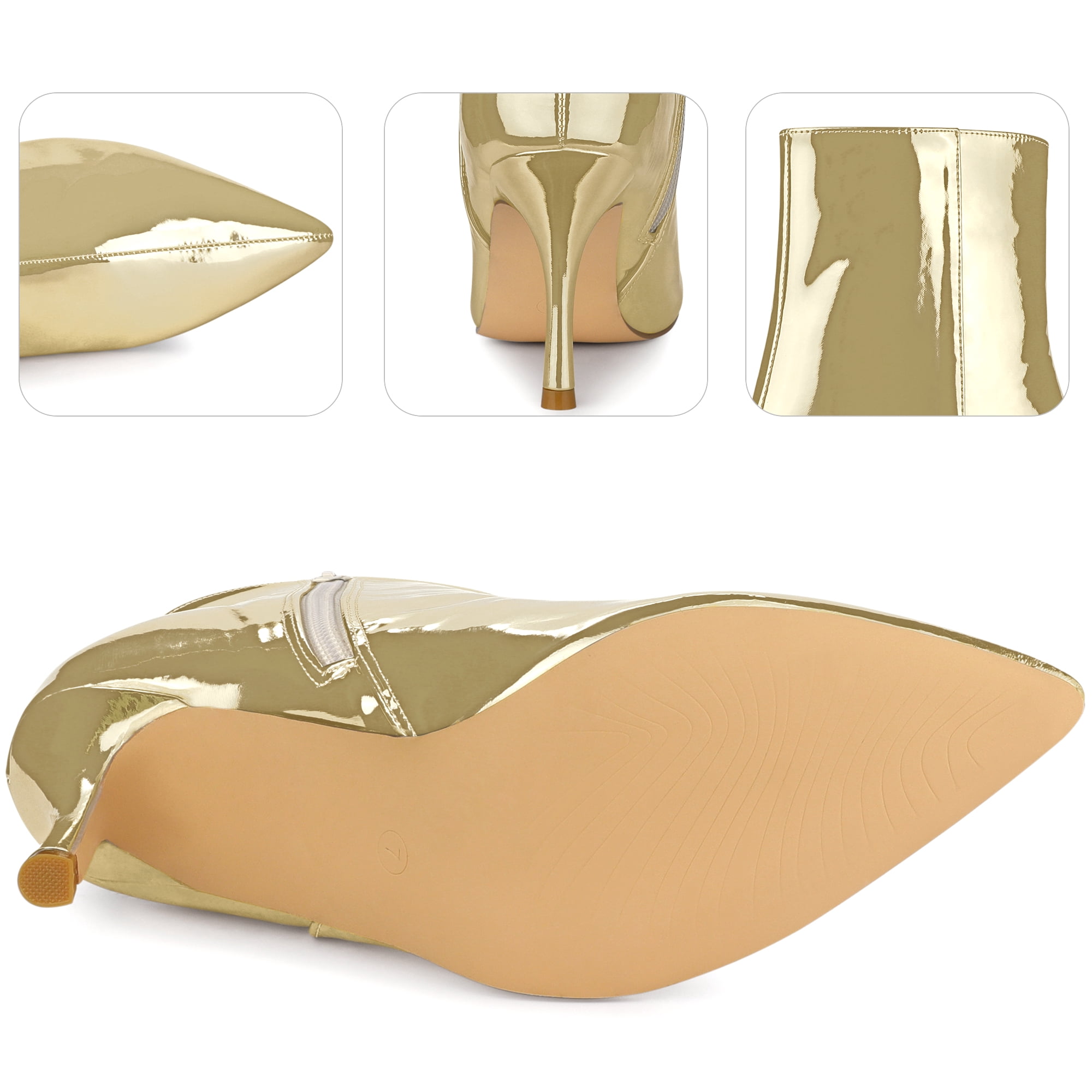 Unique Bargains Mirror Leather Pointy Toe Zipper Stiletto Heels Ankle Boots for Women Gold 7