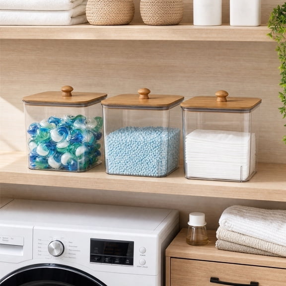 Plastic Laundry Pods Storage Container,Clear Detergent Organizer Box With Lid,Stackable Laundry Room Storage Bin,Bathroom Kitchen Household Storage Canister,Space Saving Laundry Organizer