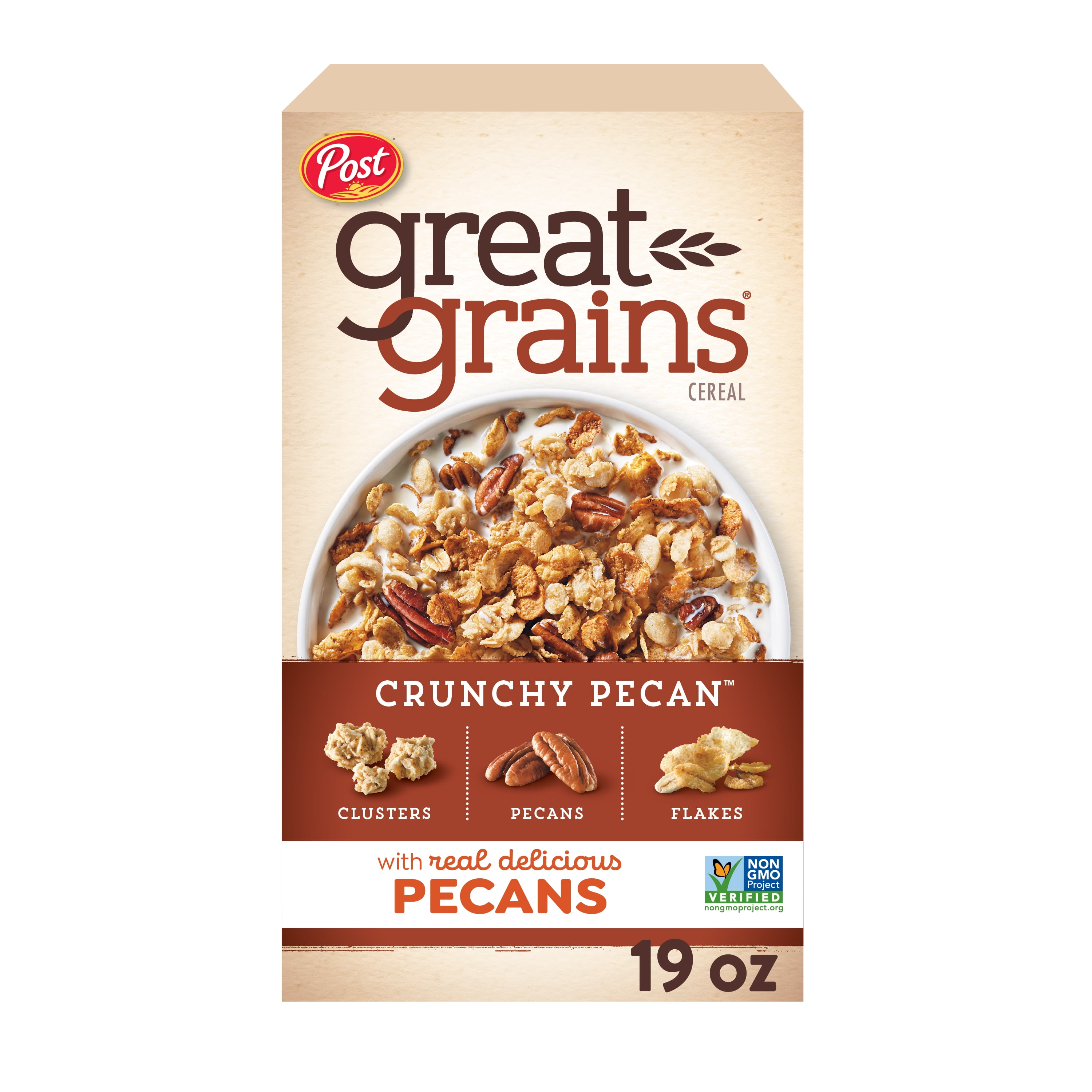 Post Great Grains Crunchy Pecan Breakfast Cereal, Non GMO Project Verified, Heart Healthy, Low Saturated Fat,  Whole Grain Cereal, 19 Ounce