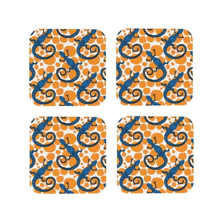 

Leather Coasters Set of 4 - Bohemian Lines Gecko Lizards Lightweight Non-Slip Drink Coasters for Desk Anti-Scalding Desk Cup Coasters for Office Table Decor Square