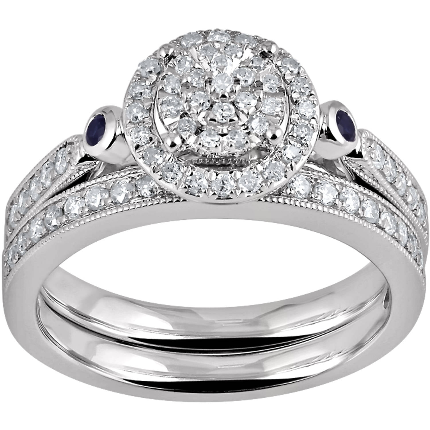 Forever Bride, 1 2 Carat T.W Diamond and Created Blue Sapphire Cluster Sterling Silver Bridal Set by Generic