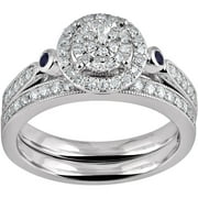 1/2 Carat T.W Diamond and Created Blue Sapphire Cluster Sterling Silver Bridal Set
