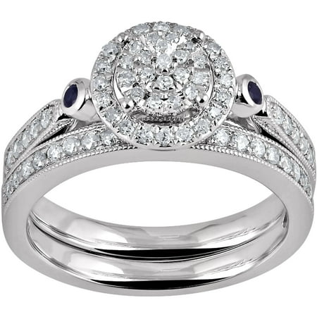1/2 Carat T.W Diamond and Created Blue Sapphire Cluster Sterling Silver Bridal Set