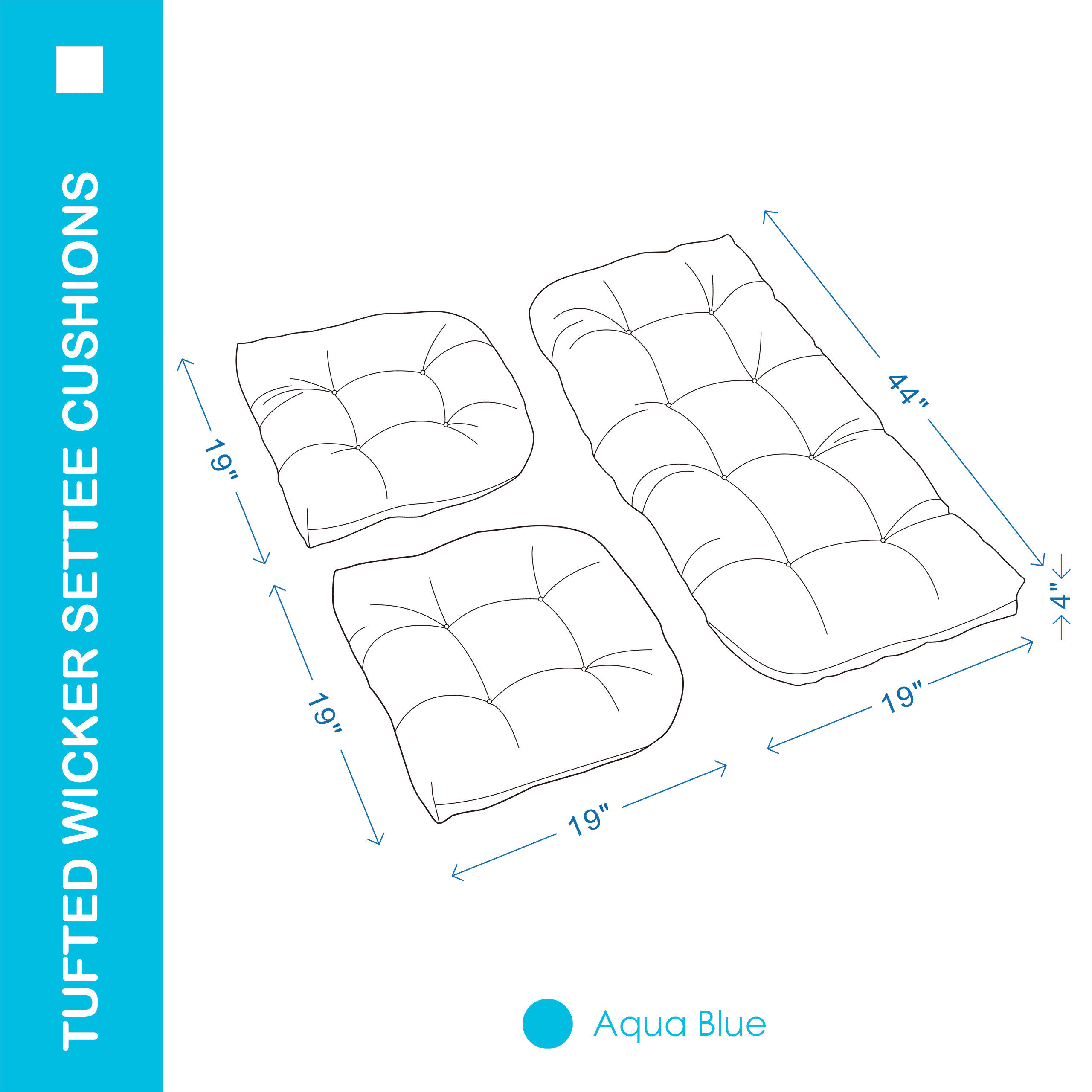 YOOZEKU Outdoor Tufted Wicker Chair Cushions of 3 Pieces, 1 Loveseat and 2 U-Shape All Weather Waterproof Patio Seat Cushions for Wicker Furniture,Bench, Aqua Blue