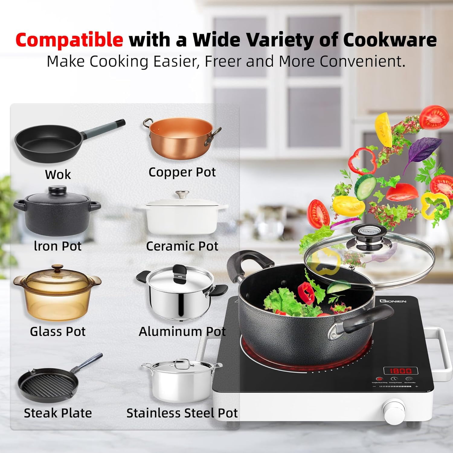 110V Portable Electric Cooktop with 3 Heat Modes, 3-Hour Timer & Safety Lock