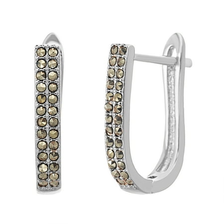 Silver Marcasite Flower Earrings - Lesa Michele Women's Olive Marcasite U Shaped 18X11MM Hoop Earrings in Rhodium Plated Sterling Silver