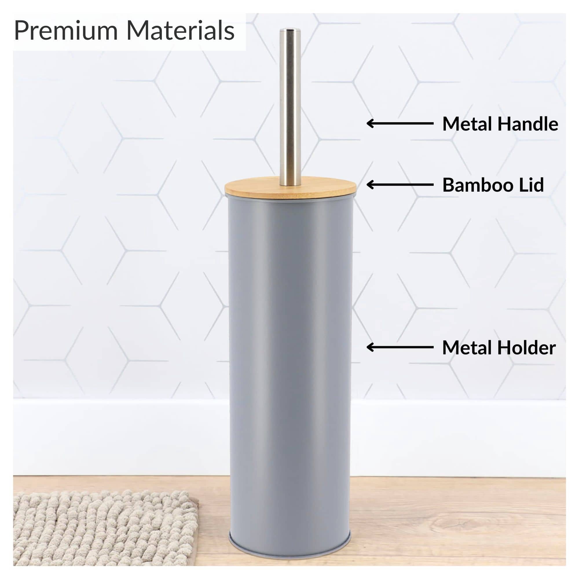 Gray Metal Toilet Brush and Holder Set With Bamboo Lid