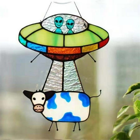 

LASHALL Alien And Cow Stained Suncatcher Window Panel Painted UFO Pendant
