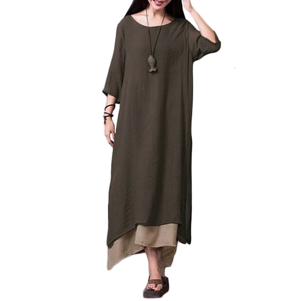 Las nuevas mujeres de la vendimia vestido de algodón de lino de Split dobladillo irregular floja oca Tomshoo Marrón S