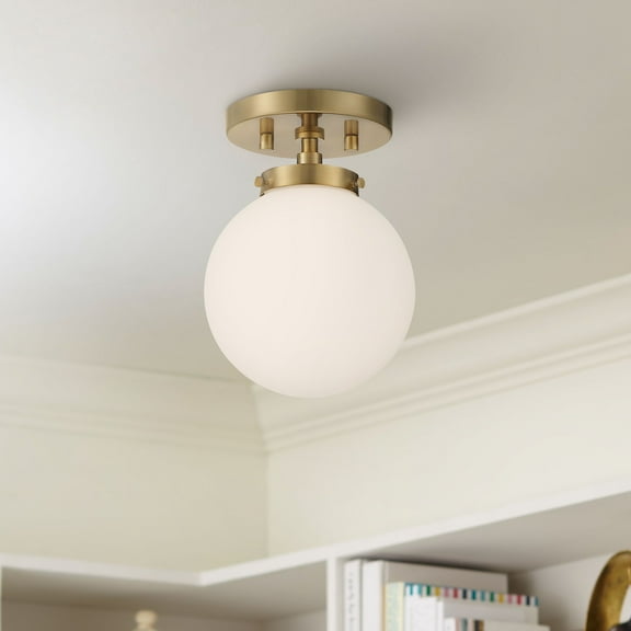 Possini Euro Design Jilly Modern Ceiling Light Semi Flush Mount Fixture 6 3/4" Wide Warm Antique Brass White Glass Globe Shade for Bedroom Living Room