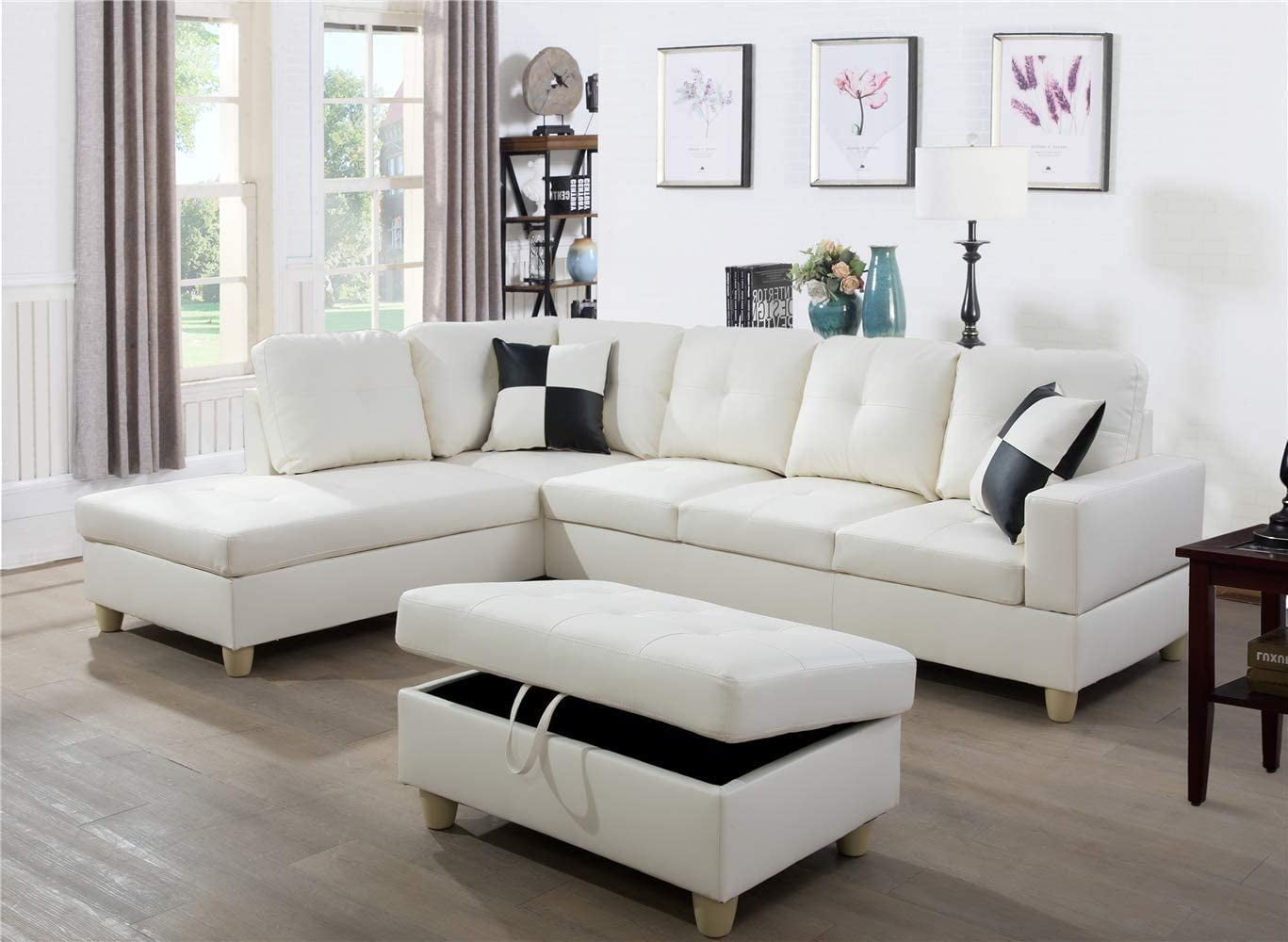 White Leather Match Family Room Sectional Sofa L-Shape Couch with Left Chaise 
