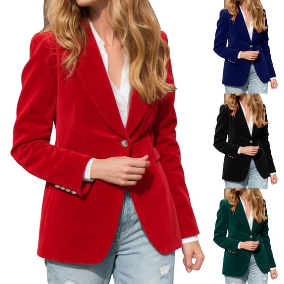 larppty Women's Velvet Lapel Button-Up Blazer - Business Casual Long Sleeve Work Outerwear（Green，XXL）