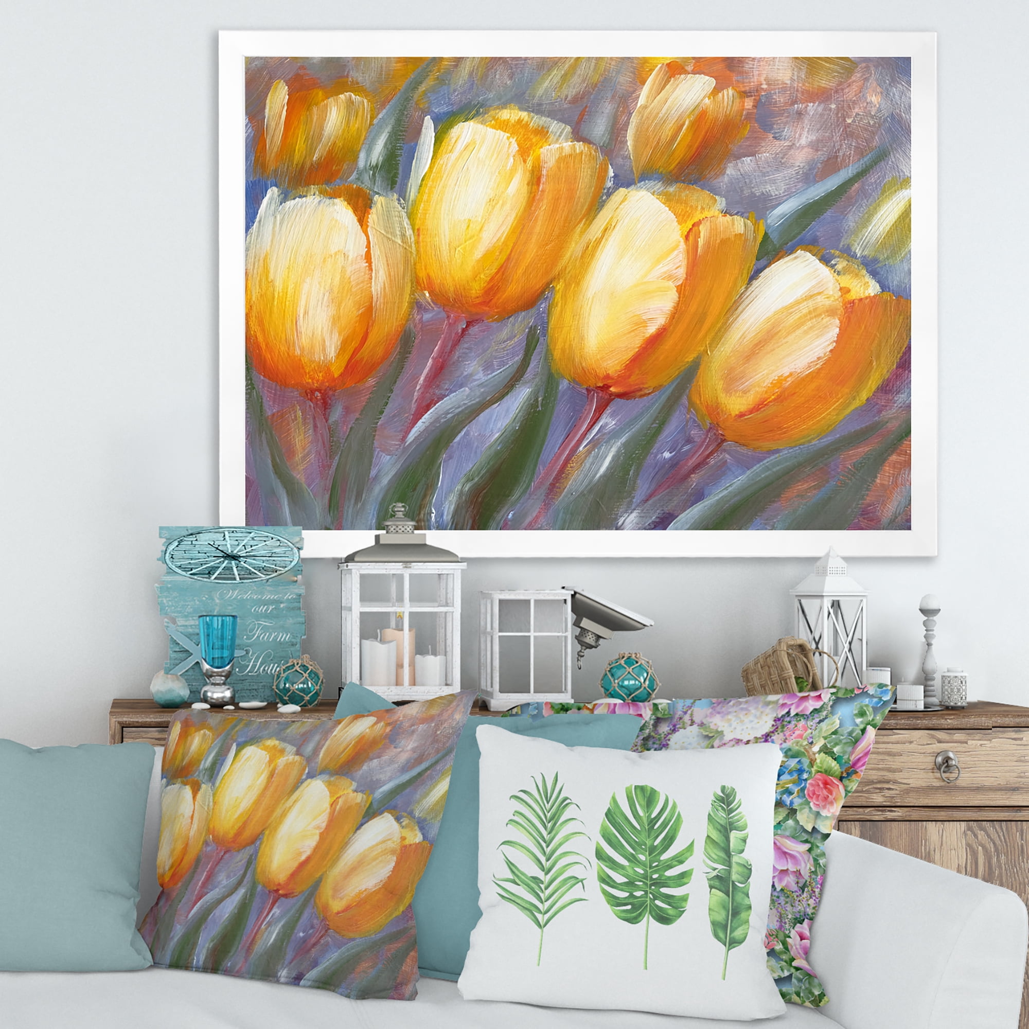 Designart 'Abstract Yellow Blooming Tulips' Traditional Framed Art Print