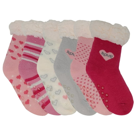6 Pairs Pack KIDS Girls Sherpa Fleece Lined Home Non Skid Cupids Valentine Slippers Socks Christmas Stocking with Gripper