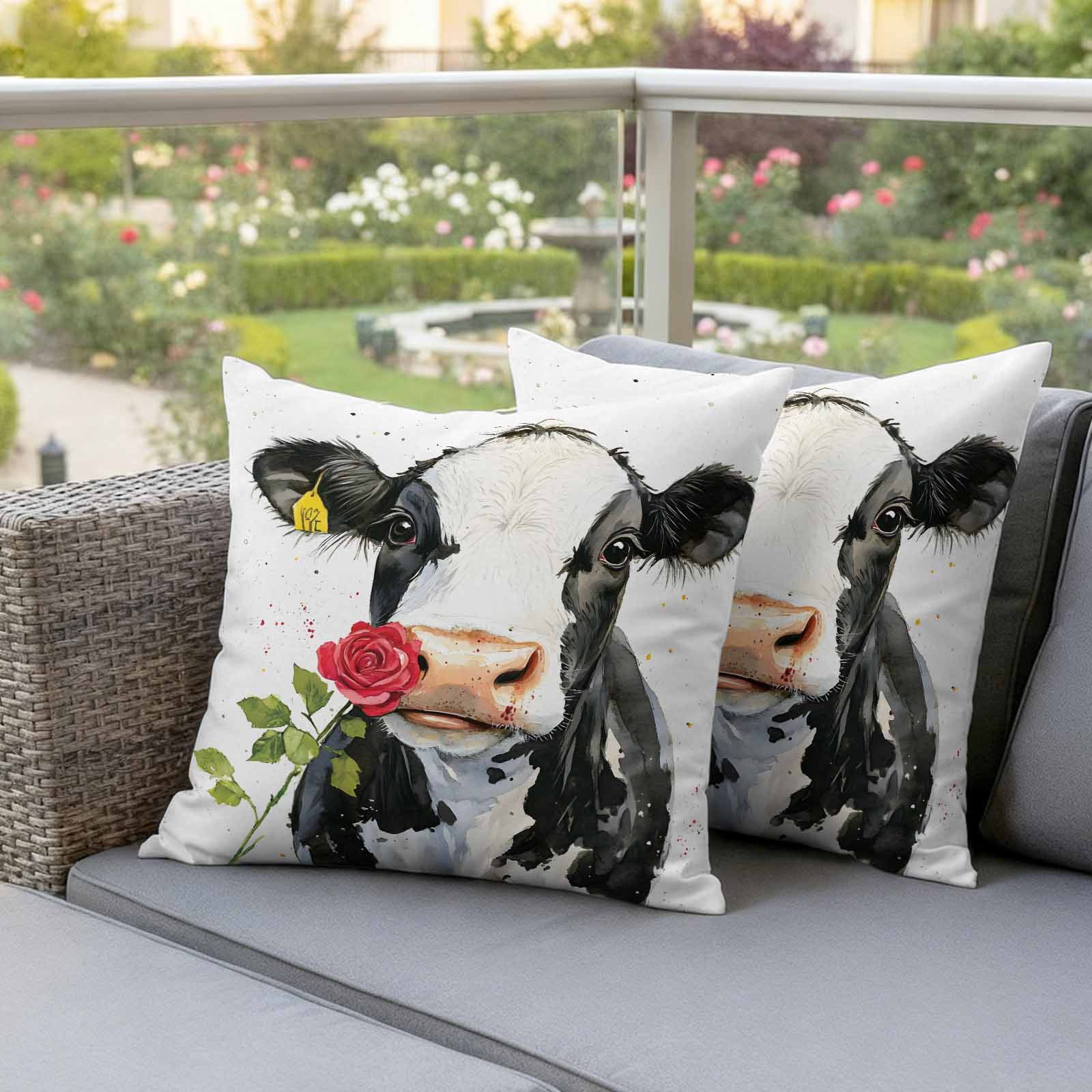 Black White Cow Outdoor Waterproof Pillow Covers, Spring Farmhouse Animals Printed Red Floral Decorative Square Throw Pillowcase Sofa Cushion Sham for Patio/Couch/Chair, 26"x26" 2 Pack