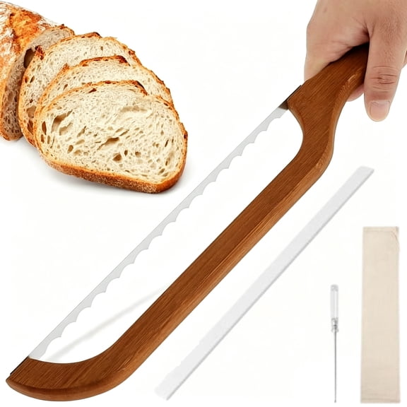 dykaae Wood Bread Bow Knife, 15.7" Bread Bow Cutter Bread Slicer for Homemade Bread, Sourdough Bread Knife with Serrated Stainless Blade, Manual Bow Cutter for Bagels and Baguettes