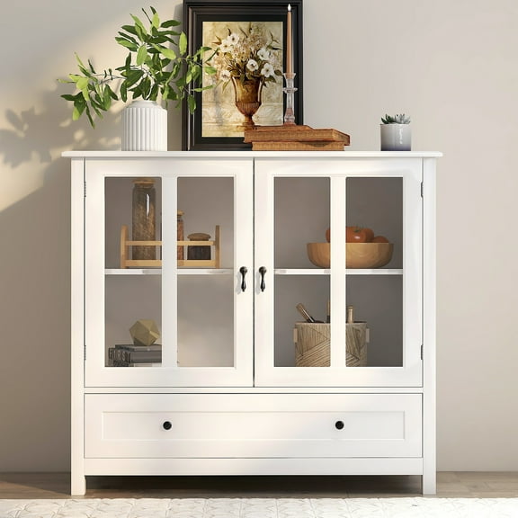 Buffet Storage Cabinet With Double Glass Doors And Elegant Bell Handle - White For Home Decor Retro