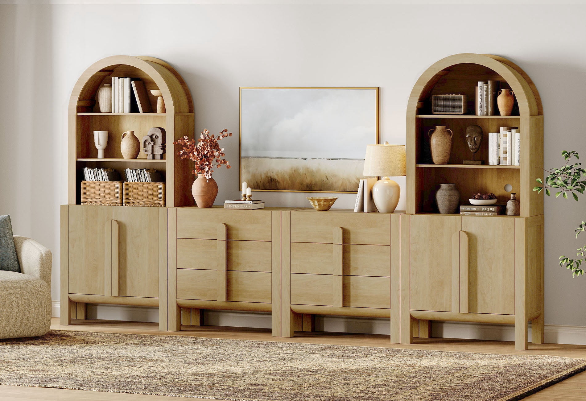 71"H X 126"W Tall Arched Bookshelf with 6 Drawers and 2 Cabinets, Modern 10-Tier Bookcase with Open Storage, Large Wood Display Cabinet For Living Room Bedroom Home Office Kitchen