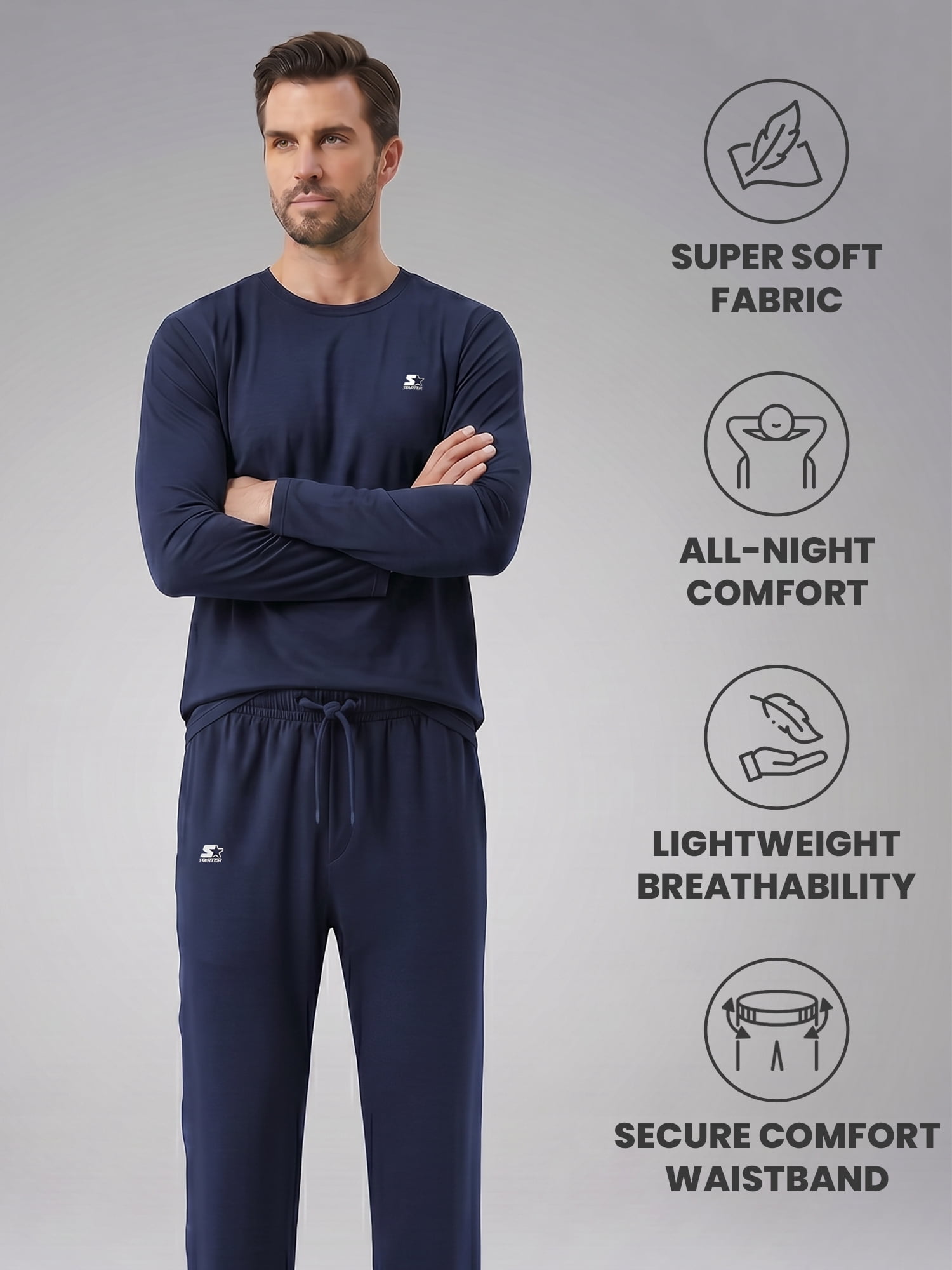 Starter Men's Pajamas 2-Piece Super Soft Long Sleeve Top and Pant Set, Navy, XL