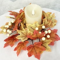 Honeeladyy 1 Pcs Fall Candle Ring Wreath Halloween Thanksgiving Candle Ring Candle Holder Mini Autumn Wreath Artificial Maple Leaves Candle Ring for Fall Home Table Decoration Centerpiece