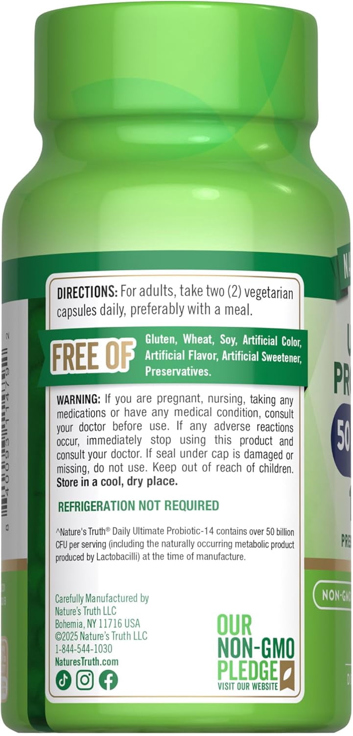 Probiotic | 50 billion CFU | 14 Probiotic Strains | 60 Capsules | 200mg Prebiotics | by Nature's Truth