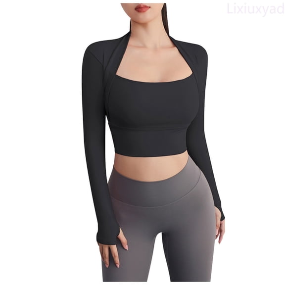 Lixiuxyad Women's Sportswear Two Tops Women With Breast Pad Long Sleeve Flesh Shielding Yoga Wear 1 Womens Summer T Shirts,Black L