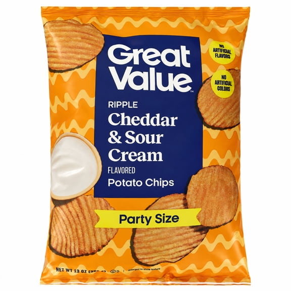 Great Value Cheddar and Sour Cream Ripple Potato Chips Party Size, 12.5 oz Bag