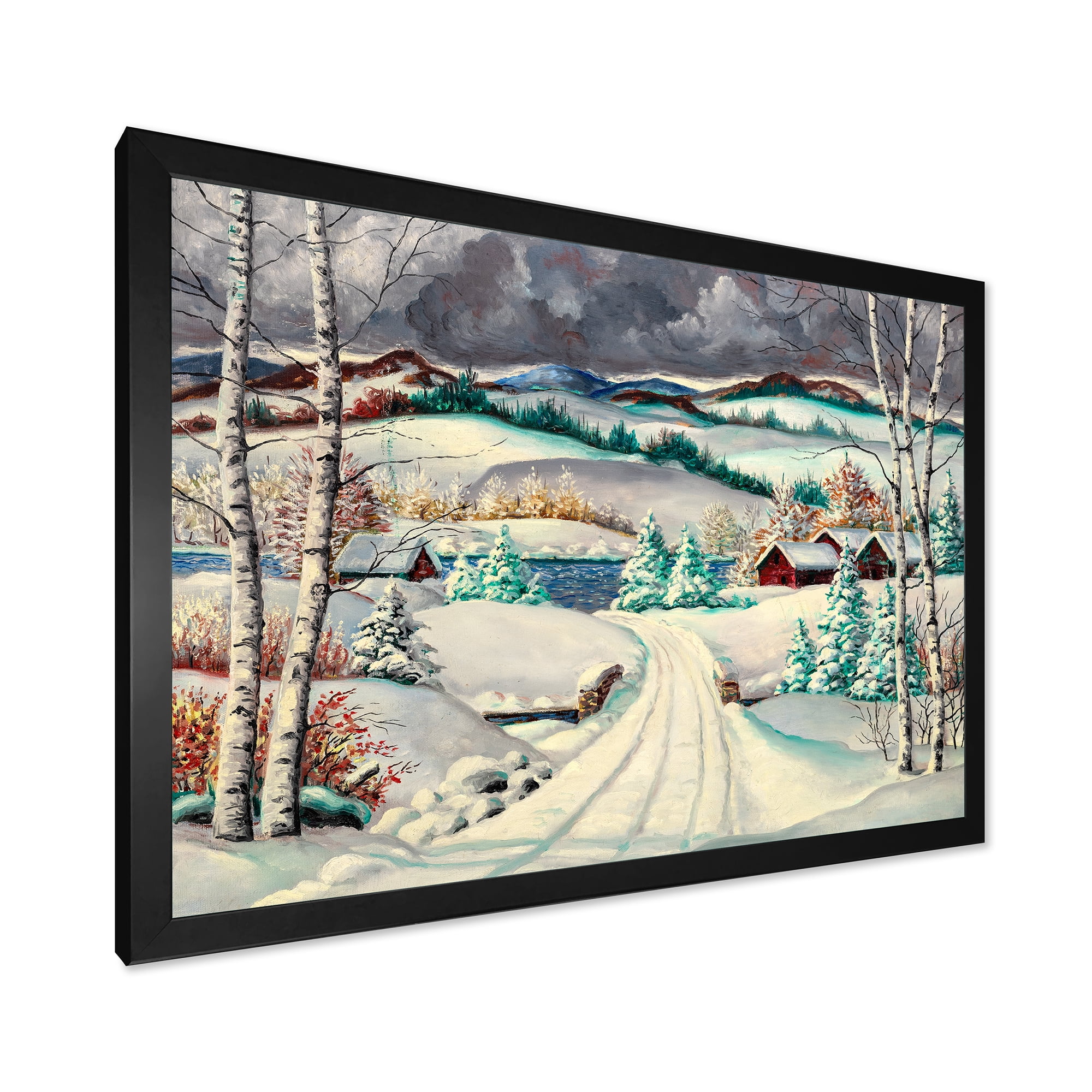 Designart 'Snowy Road In Countryside Winter Landscape' Traditional Framed Art Print