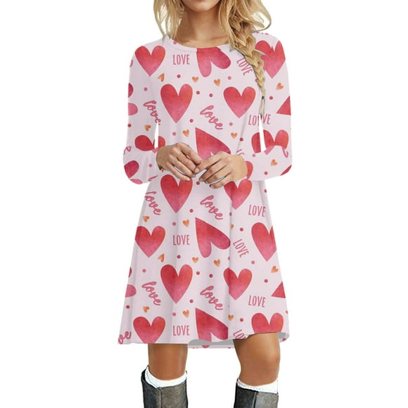 TJAZFJPA Fall Dress Women Casual Fashion Valentine's Day Print Round Neck Long Sleeve Tunic Dress White Dresses for Women Wedding Maxi Dresses for Women Formal