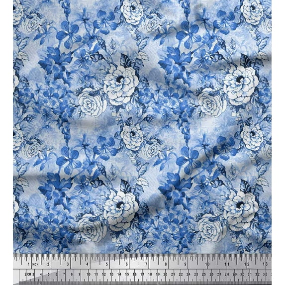 Soimoi Blue Moss Georgette Fabric Leaves,Periwinkle & Camellia Floral Print Fabric by Yard 42 Inch Wide