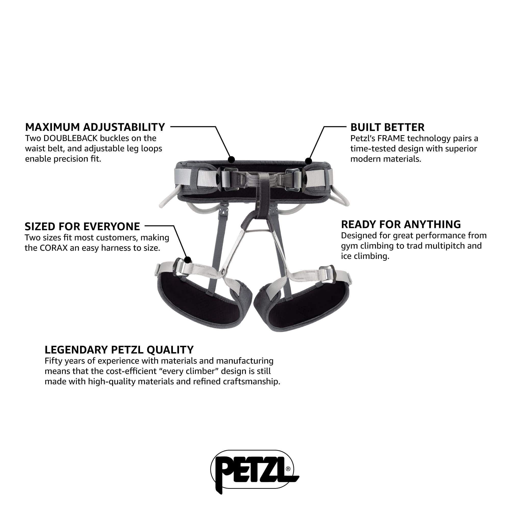 PETZL CORAX Harness - Versatile and Fully Adjustable Rock Climbing, Ice Climbing and Mountaineering Harness - Grey - Size 2