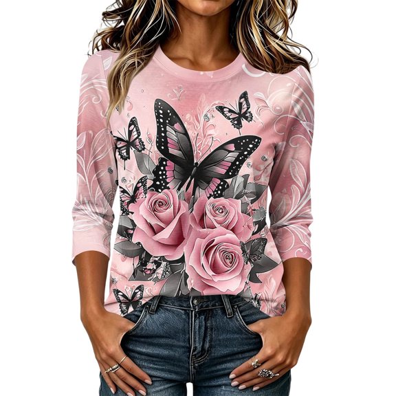 HongQid 3/4 Sleeve Print Top for Women Crew Neck Floral Graphic Pullover Casual Layering Outfits Spring Fall Fashion Lightweight Trendy Printed Tunic