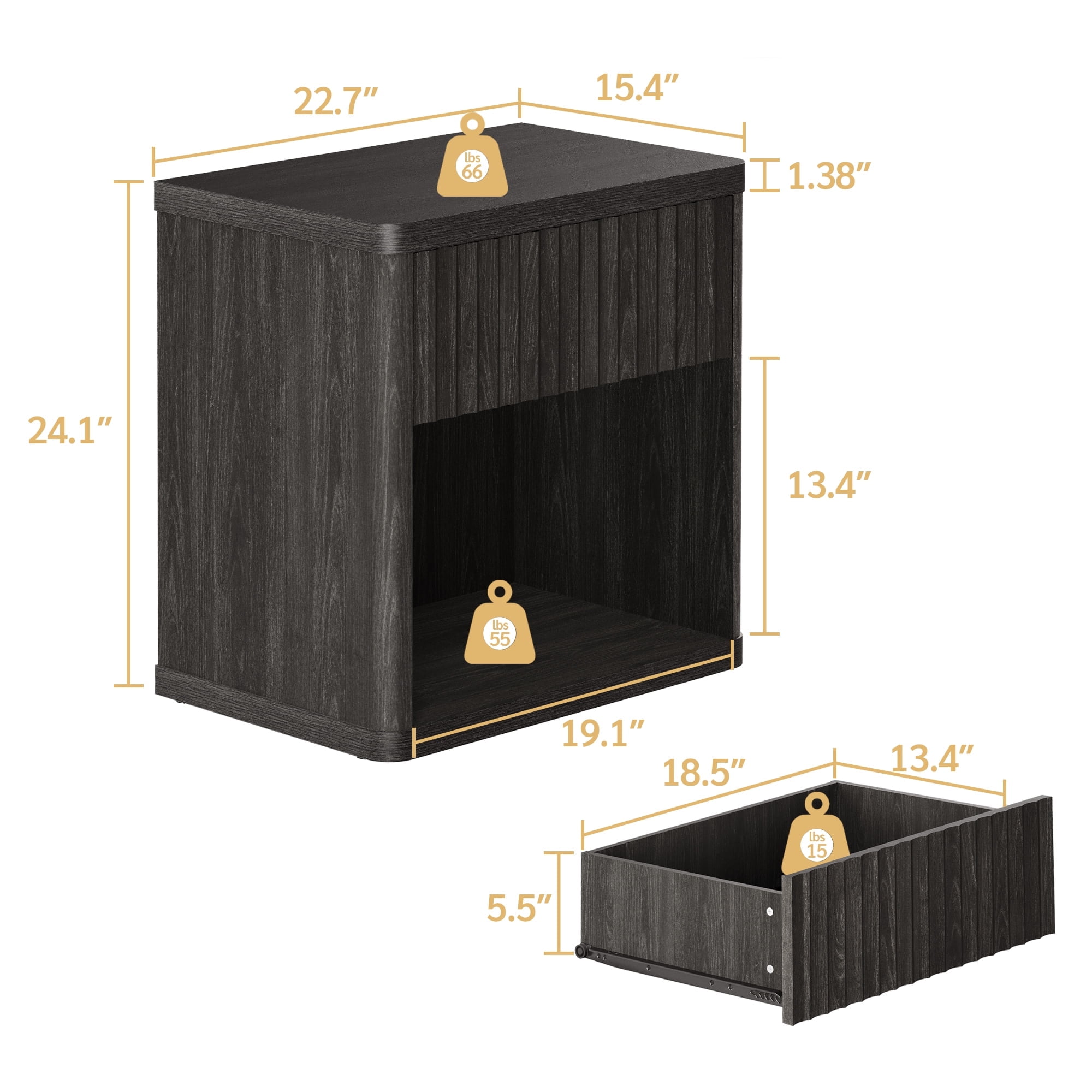 SICOTAS Fluted Nightstands for Bedroom, Farmhouse Bedside Tables with Drawer & Open Shelf,  Wood End Table for Living Room in Black