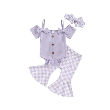 

Niceyoeuk Baby Girl Short Sleeve Romper + Flare Pants + Headband 3 Piece Set
