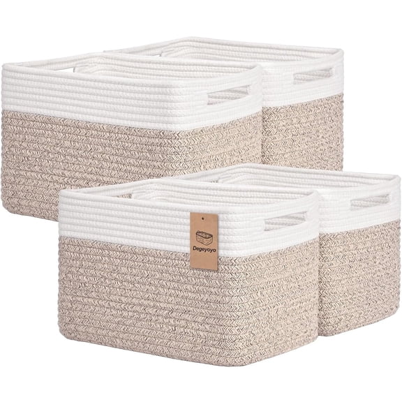 Natubeau 4 Pack Woven Storage Basket for Shelves, 13"x9"x8" Cotton Rope Woven Baskets for Organizing, Square Storage Bins with Handle, Brown & White