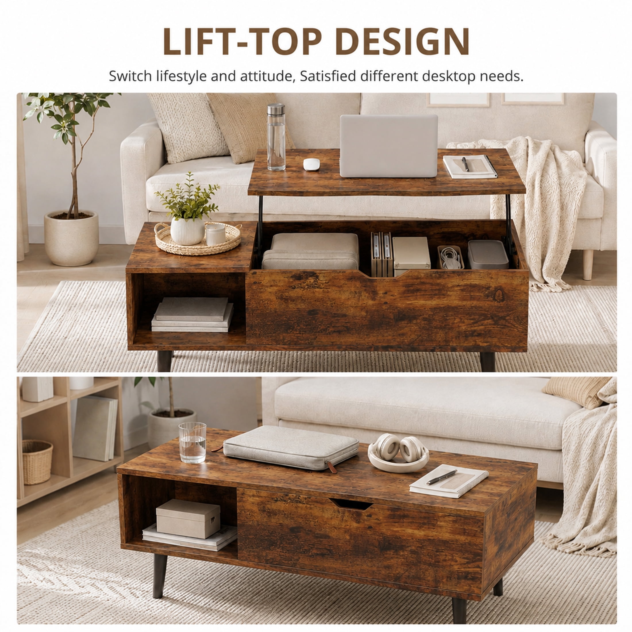 edx Adjustable Height Wooden Coffee Table with Hidden Compartments and Shelves - Perfect for Small Homes, Apartments, Reception Rooms, Rust Brown