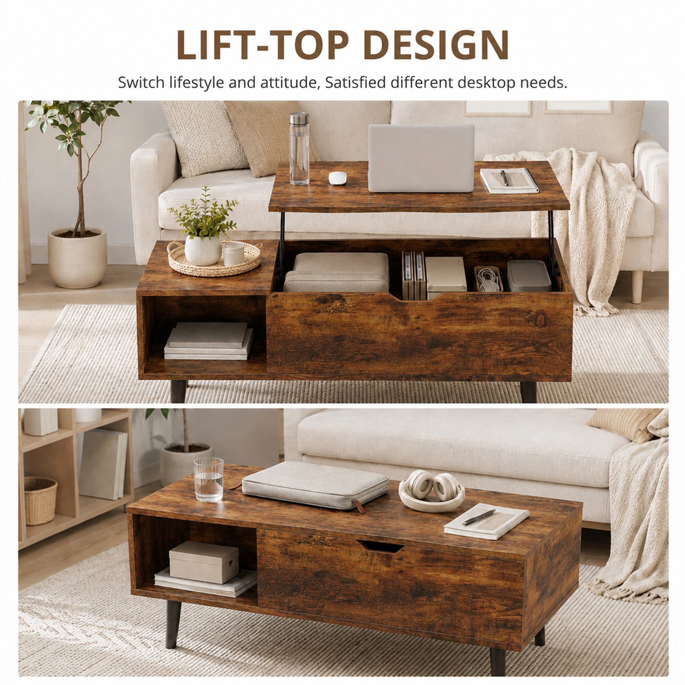 Edx Adjustable Height Lift-Top Coffee Table, Rust Brown photo 5